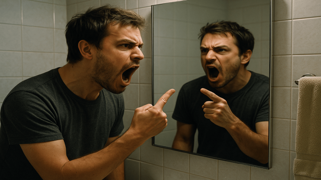 A man cussing himself out in front of the mirror