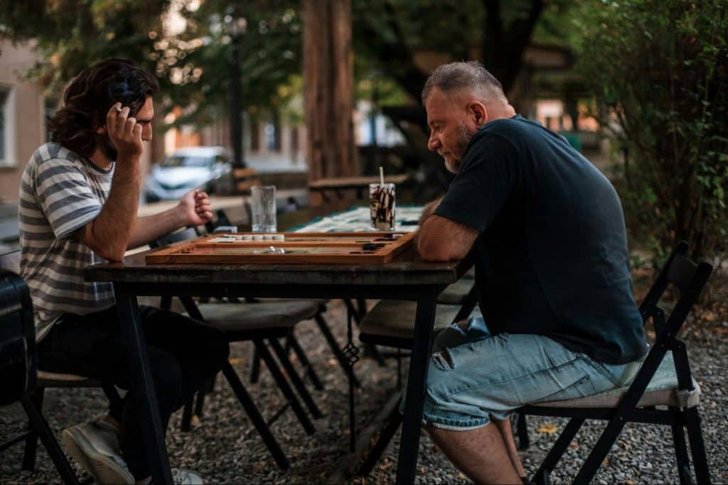 Two men talking