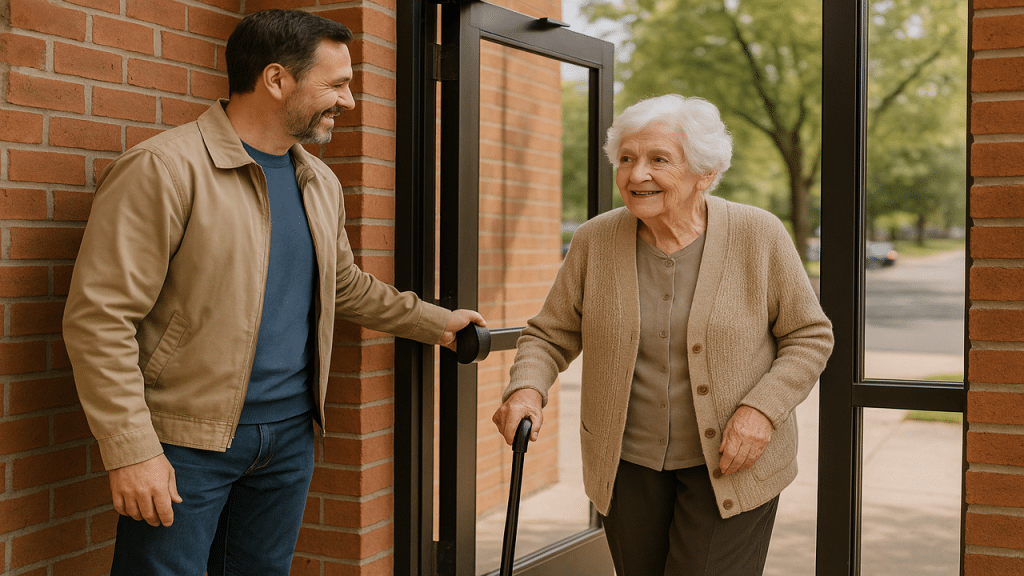 A man holding the door open for others