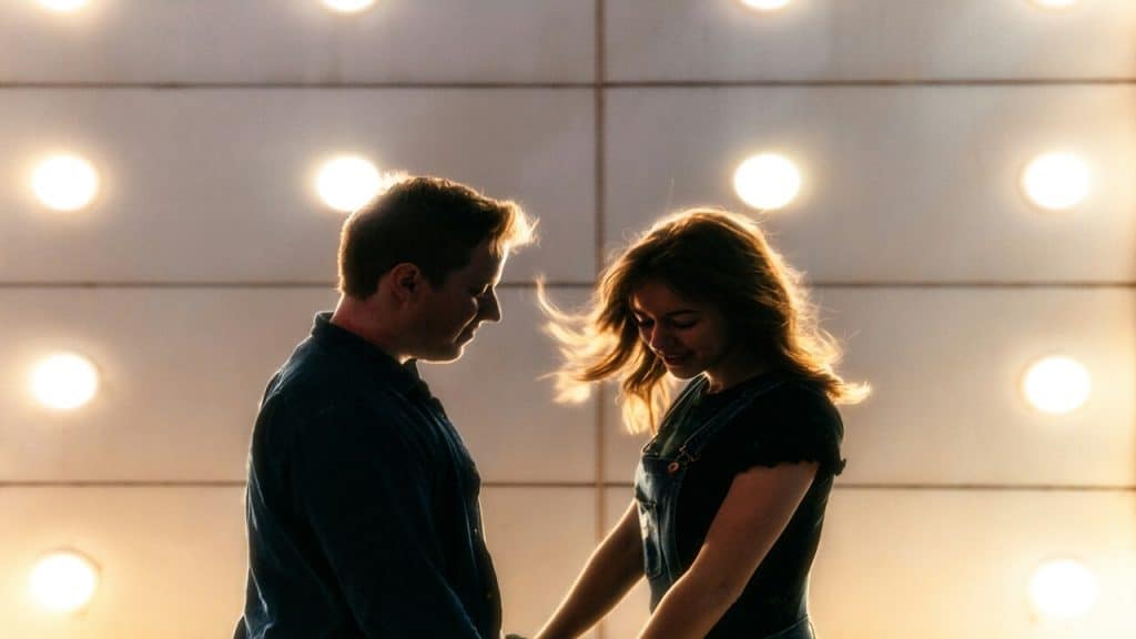 A couple standing in front of warm lights