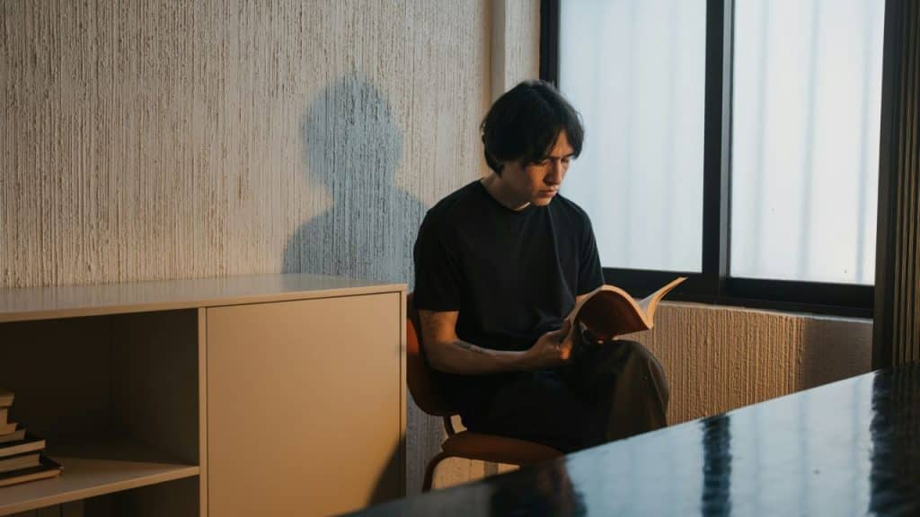 A person with dark hair sits reading a book by a window, casting a shadow.