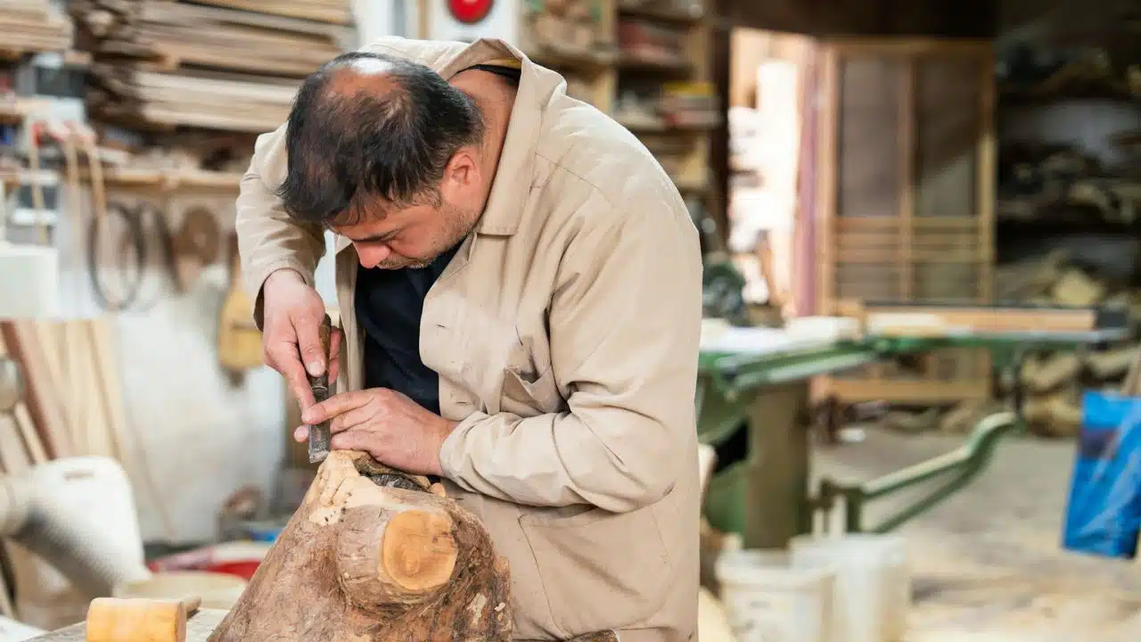 A man in a tan jacket carves wood with a chisel in a workshop.