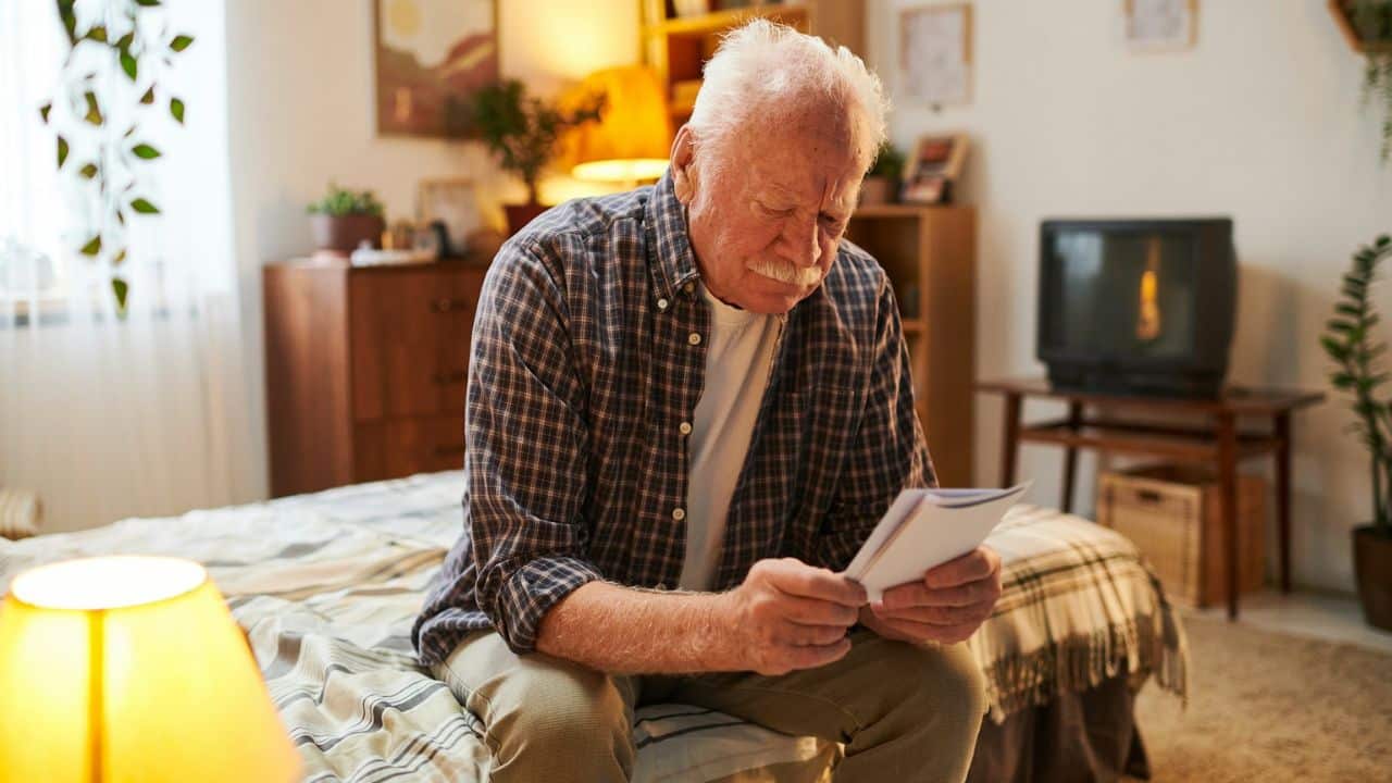 An elderly man with a mustache sits on a bed, looking intently at a letter.