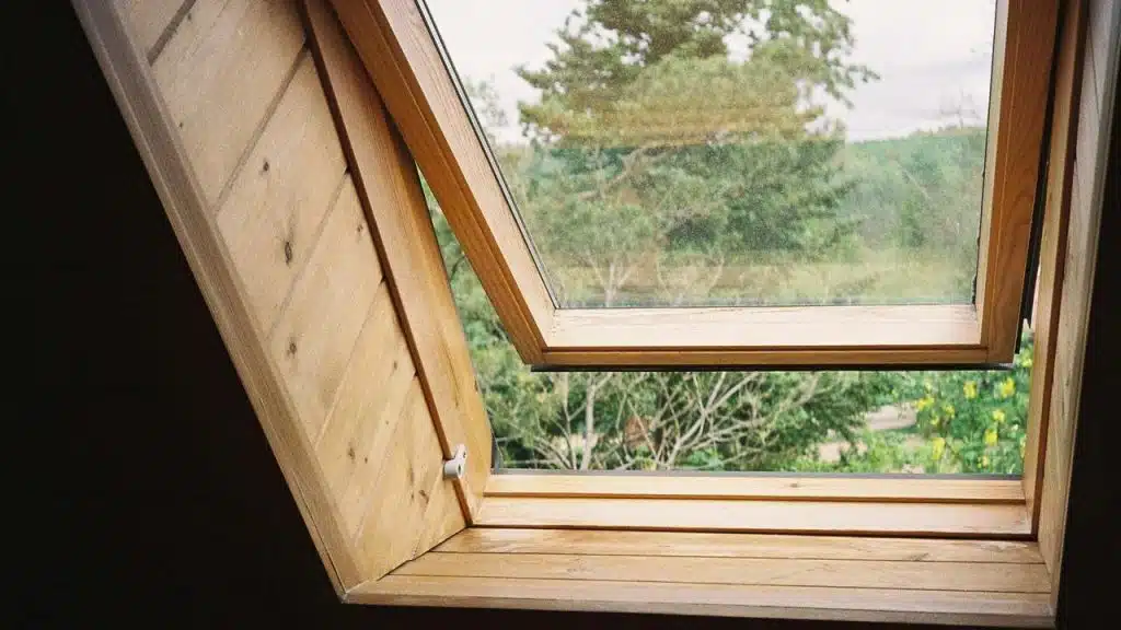 A skylight window overlooking trees.