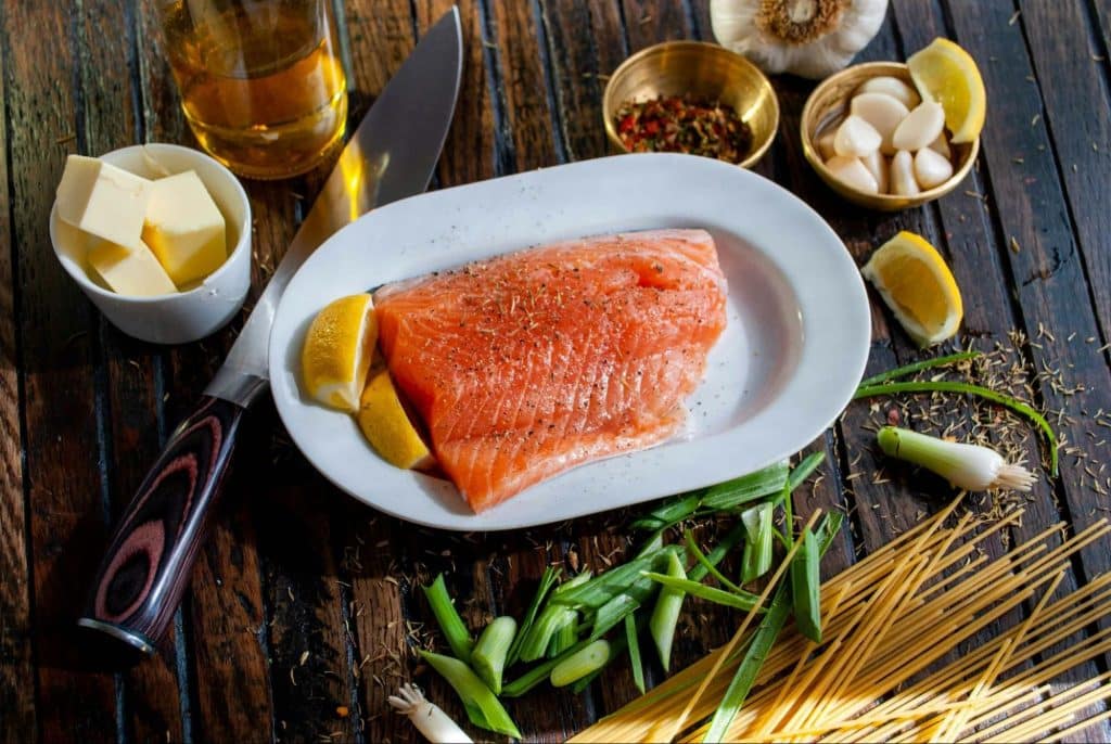 A salmon on a plate.