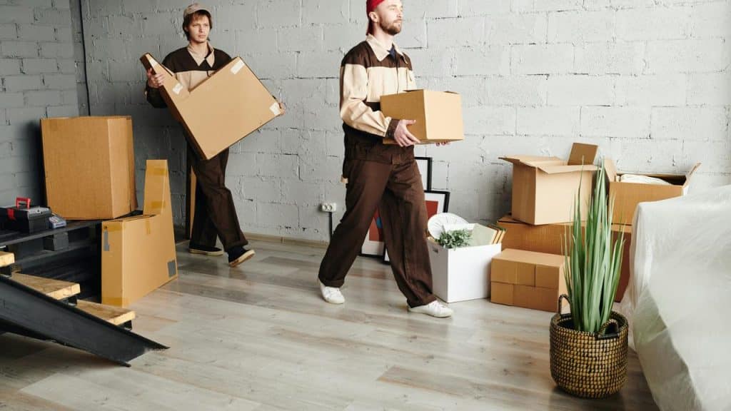 A pair of movers carrying boxes in a sparsely furnished room.