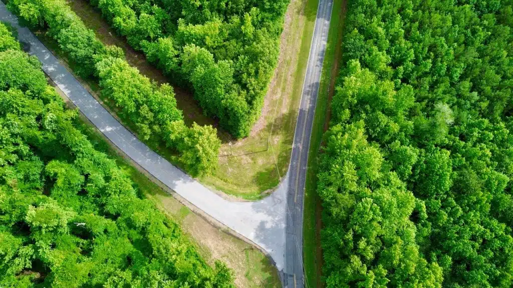 An aerial view of a fork in the road