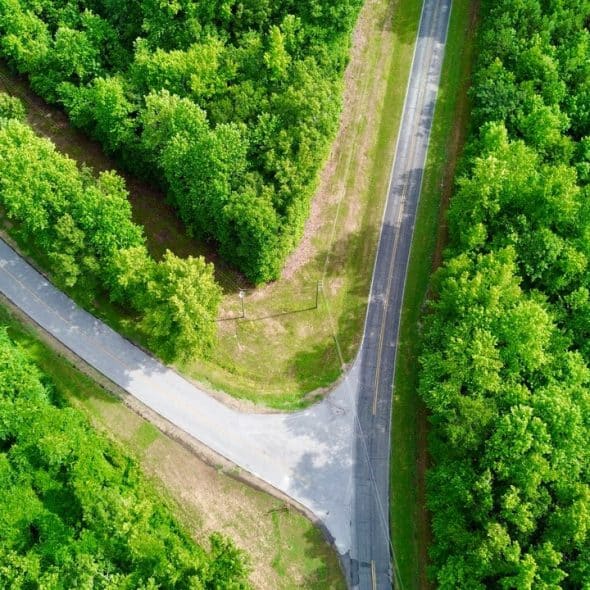 An aerial view of a fork in the road
