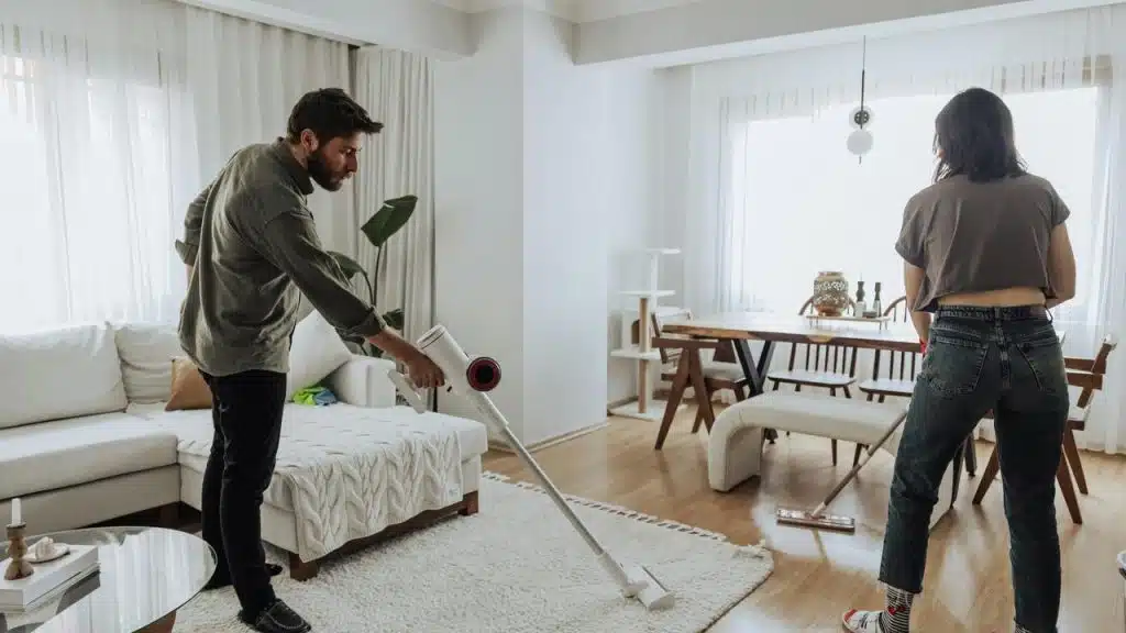 A man vacuuming a rug while a woman mops the hardwood floor.