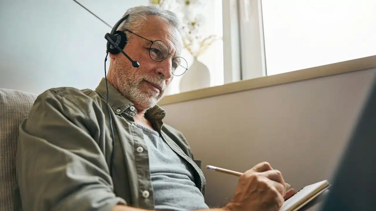 A grey-haired man with glasses and a headset writes in a notebook.