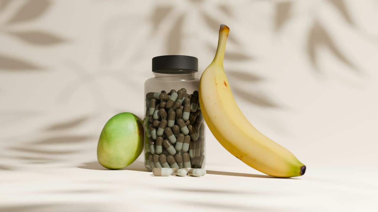 A bottle of pills, a banana, and a green fruit sit on a light surface with leaf shadows.