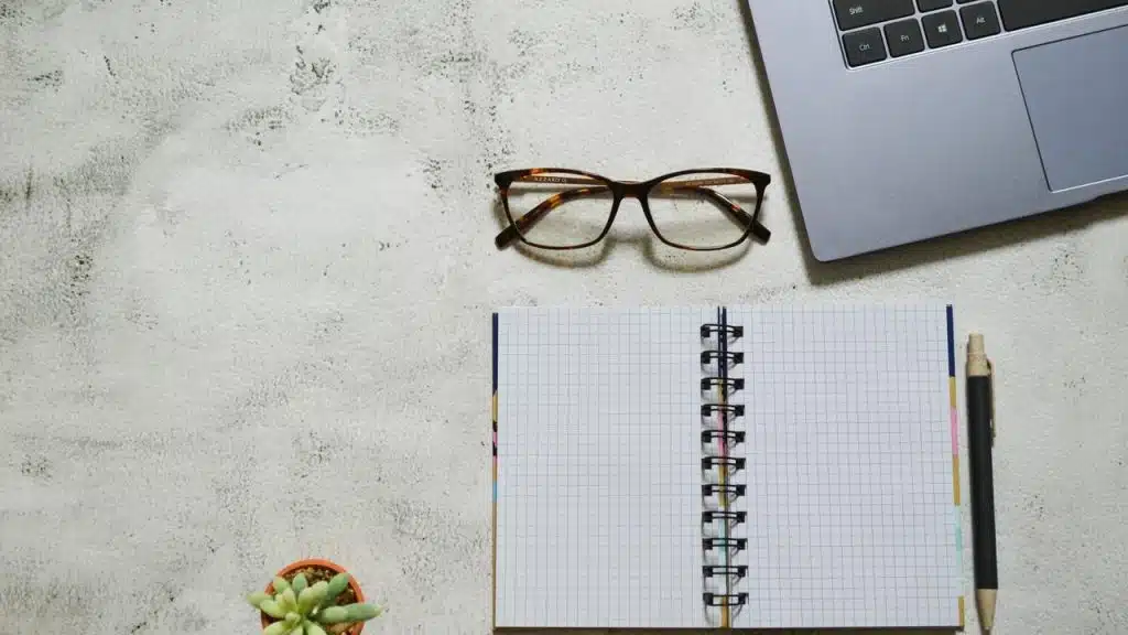 A flat lay of an open notebook, glasses, pen, succulent, and laptop.
