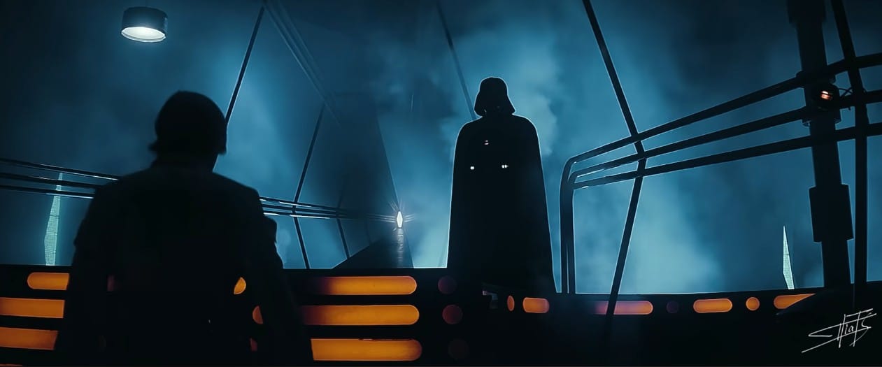 A picture of Darth Vader in a dark.