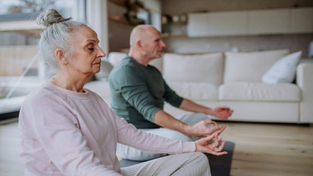 An elderly couple doing yoga together