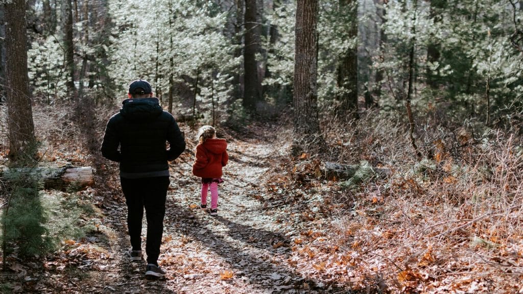 Father and daughter walking in the woods