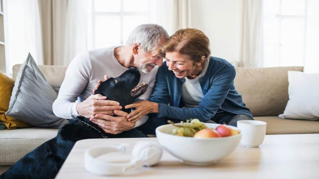 A mature couple playing with their dog