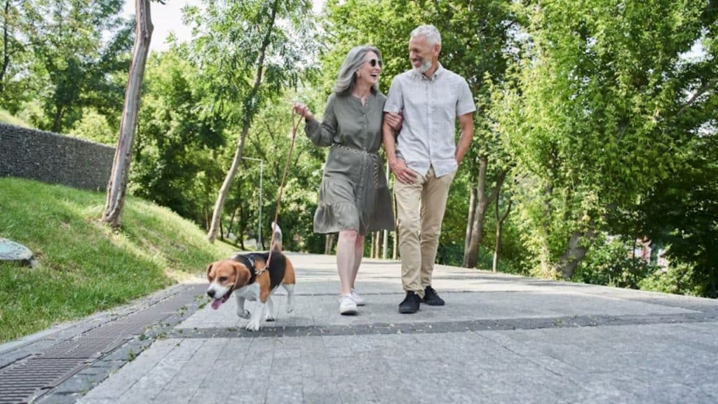 Mature couple walking outdoors peacefully, representing enduring love