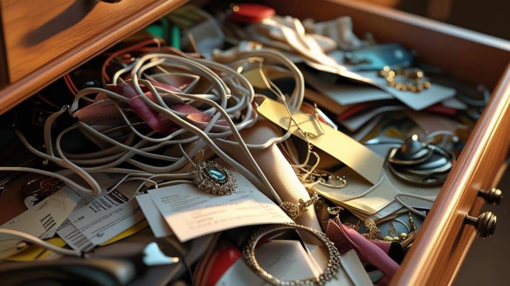 A home drawer filled with clutter