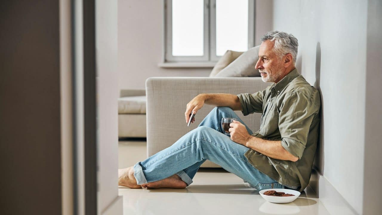 A grey-haired man in a green shirt and jeans sits on the floor, holding a glass and looking pensive.