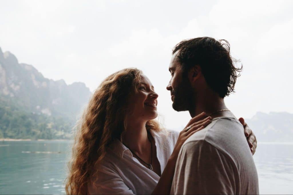 A man and woman looking at each other
