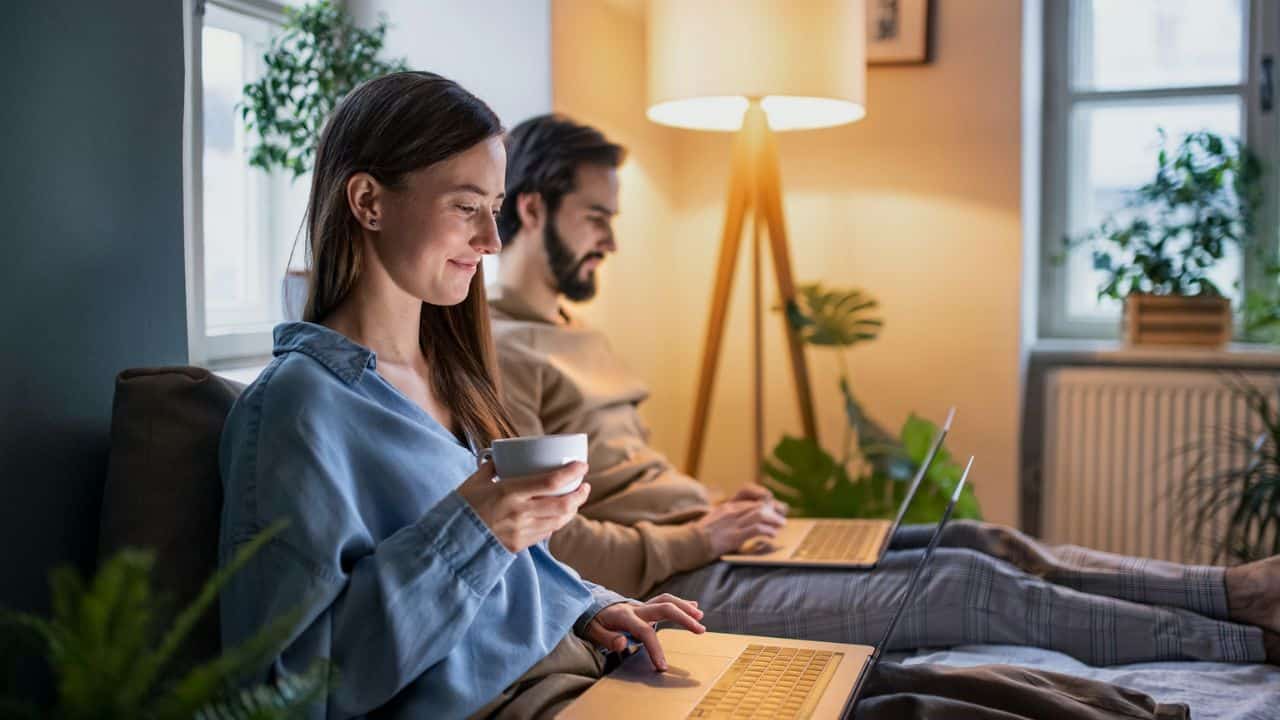 A woman smiles, using a laptop and holding a mug, while a man uses a laptop behind her.