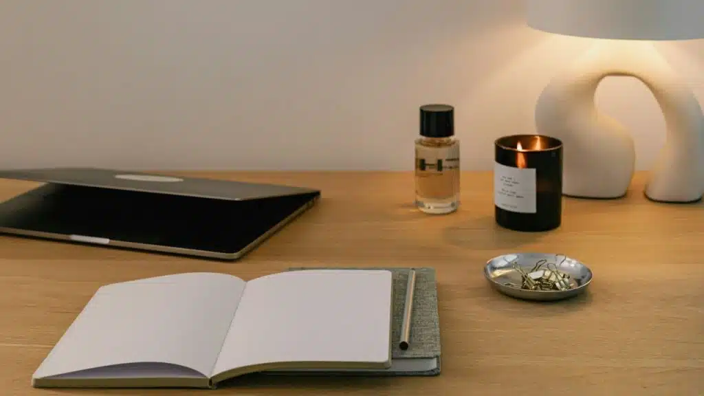 A lit candle, open notebook, laptop, and perfume on a wooden desk.