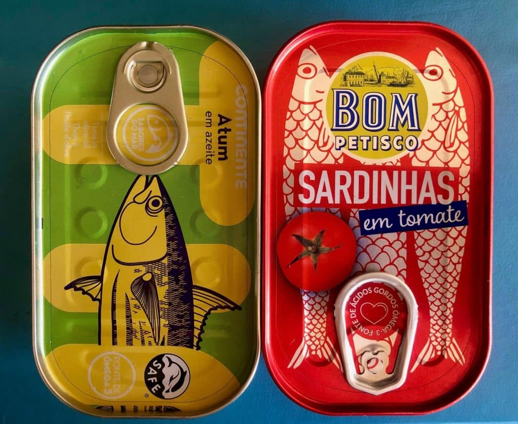 A picture of sardines on cans.