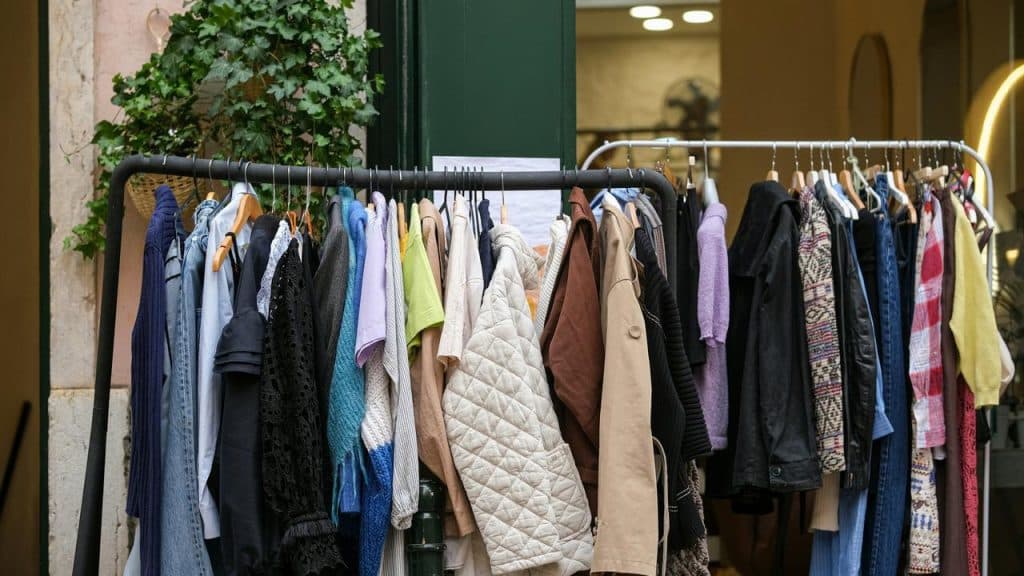A clothing rack displaying assorted jackets and tops outside a shop.
