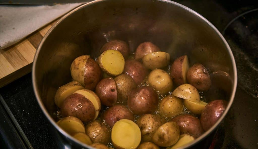 A picture of boiling sweet potatoes.