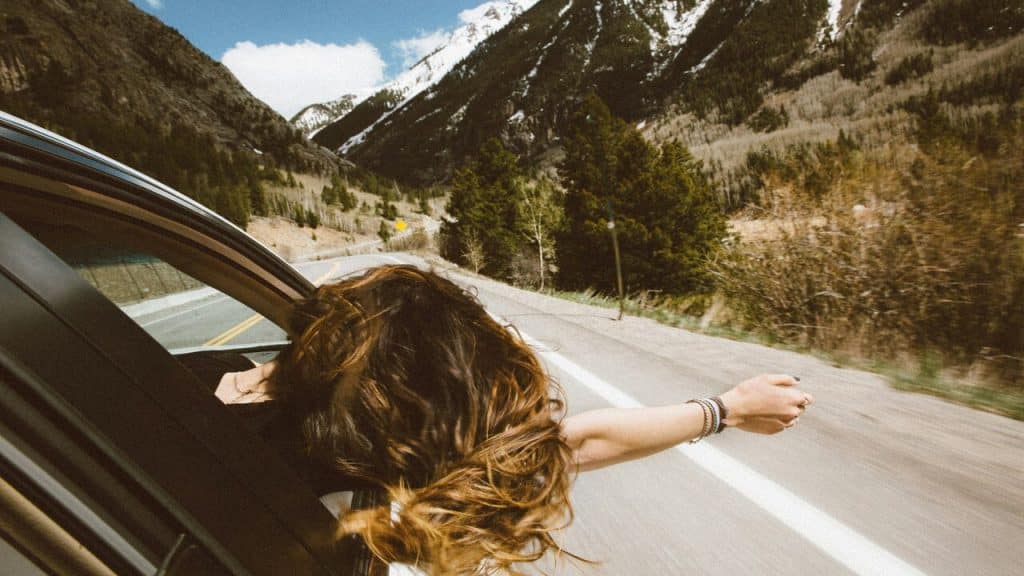 A woman with her head out the window during a road trip