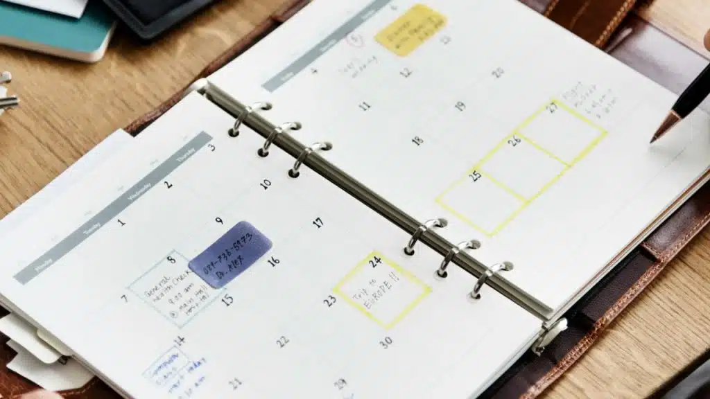 A hand holds a pen, marking a busy calendar planner with notes and highlighted dates.