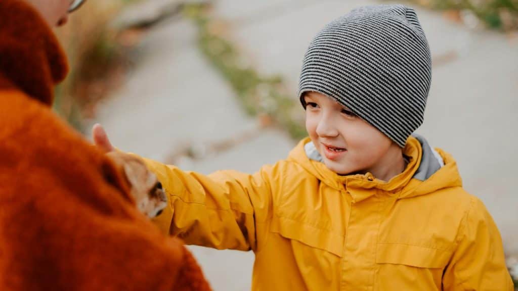 A boy in a yellow jacket touching a small animal.