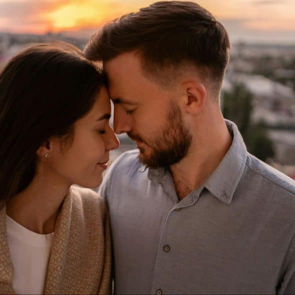 A man and woman’s face being close together