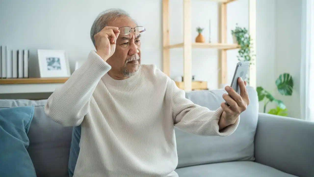 A senior man adjusts his glasses while looking intently at his phone.