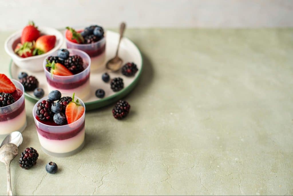 A picture of chia pudding with berries.