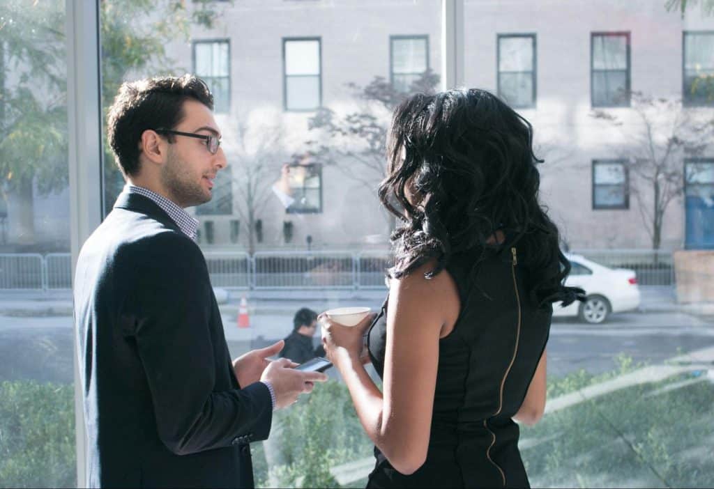 A man and woman talking