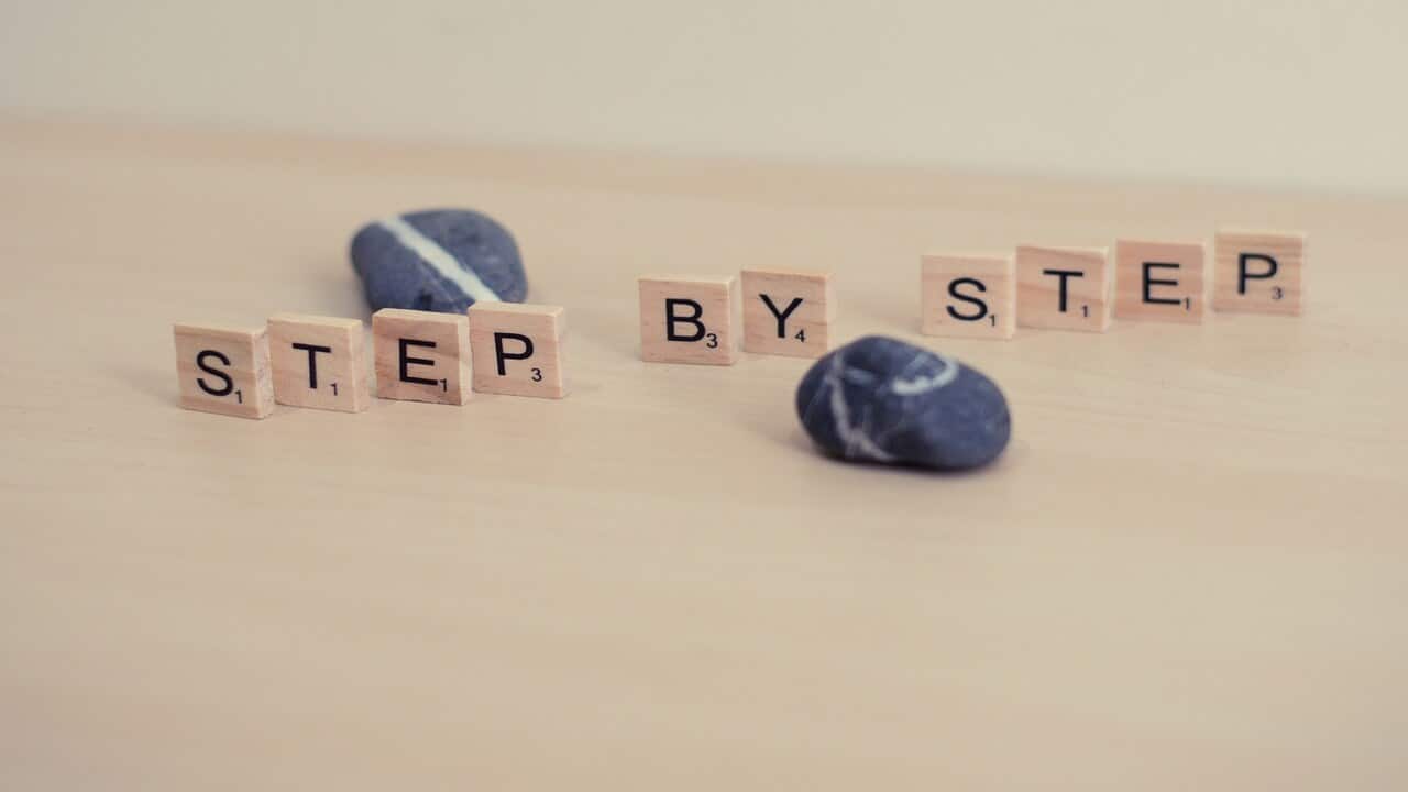 Wooden blocks spelling out “step by step”.