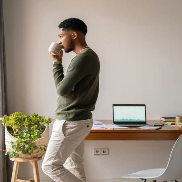 A man looking out the window while drinking coffee