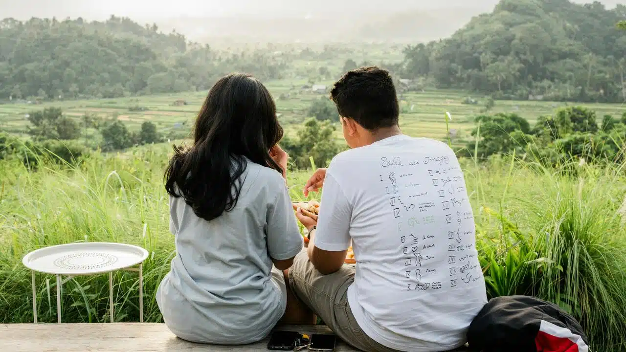 A couple sitting outdoors overlooking green fields.