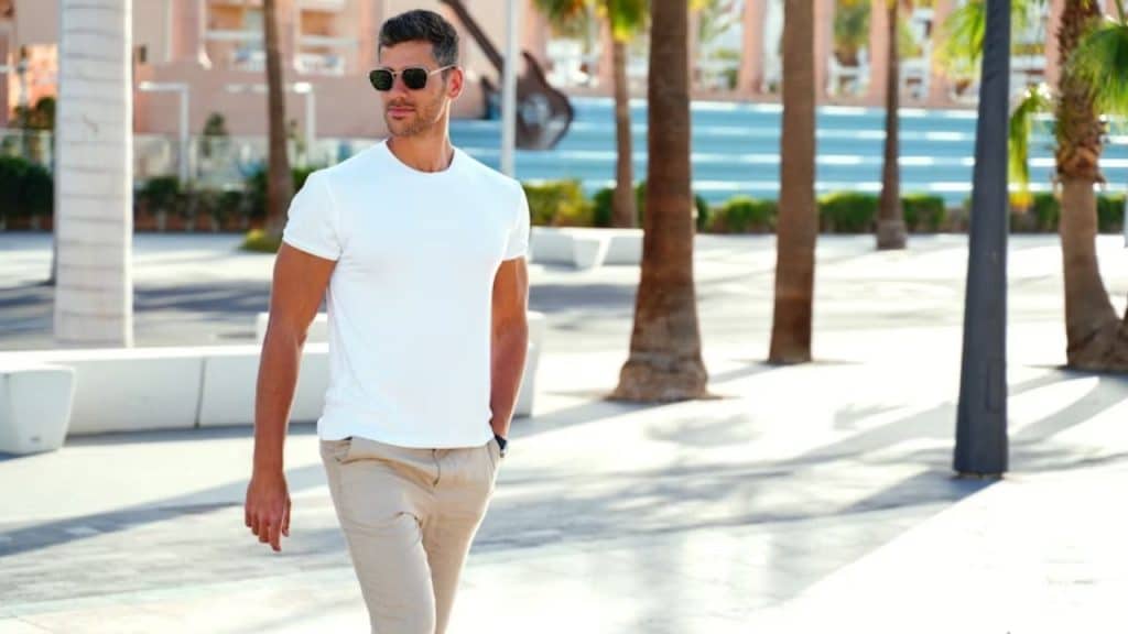 Man walking alone confidently in an urban setting