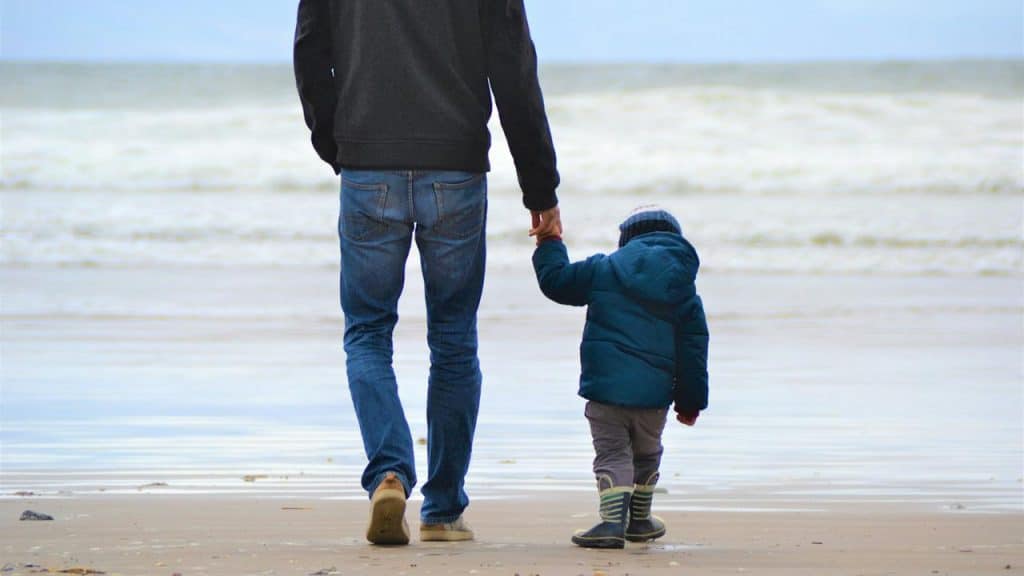 A man and child holding hands on a beach.