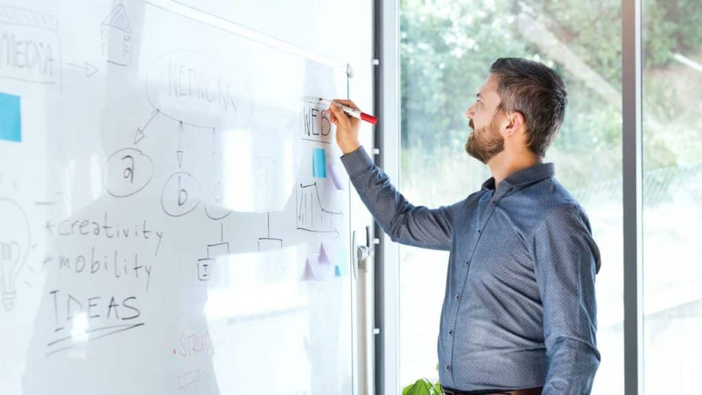 A man with a beard draws on a whiteboard with a marker.
