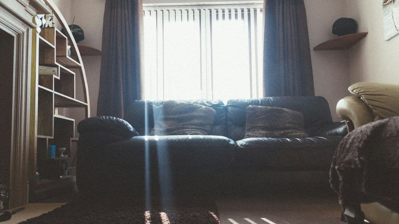 A living room features a dark sofa with patterned cushions in front of a bright window.