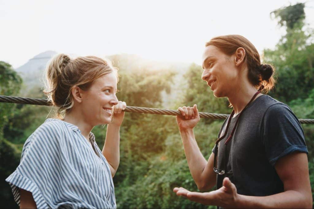 A man and woman discussing politics