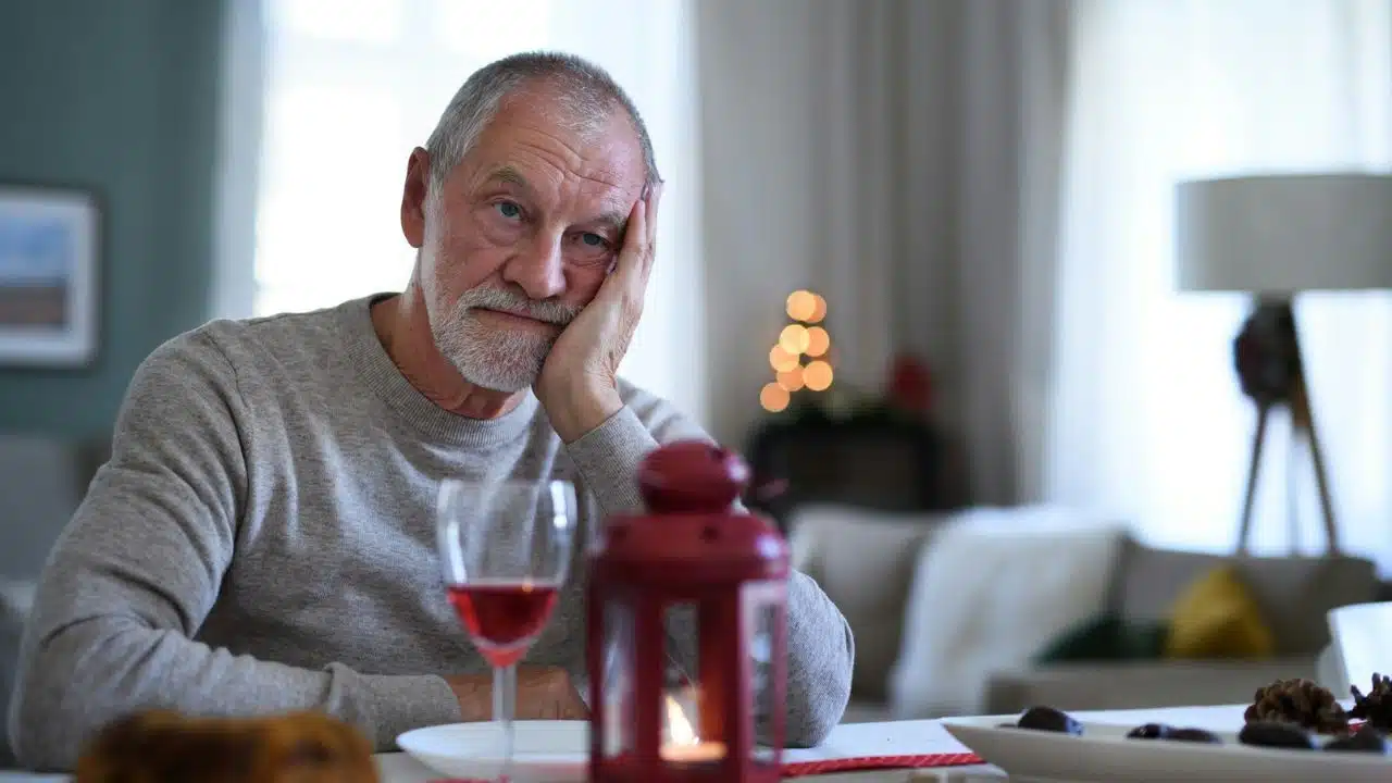 A lonely elderly man with a beard sits at a table, looking dejected.