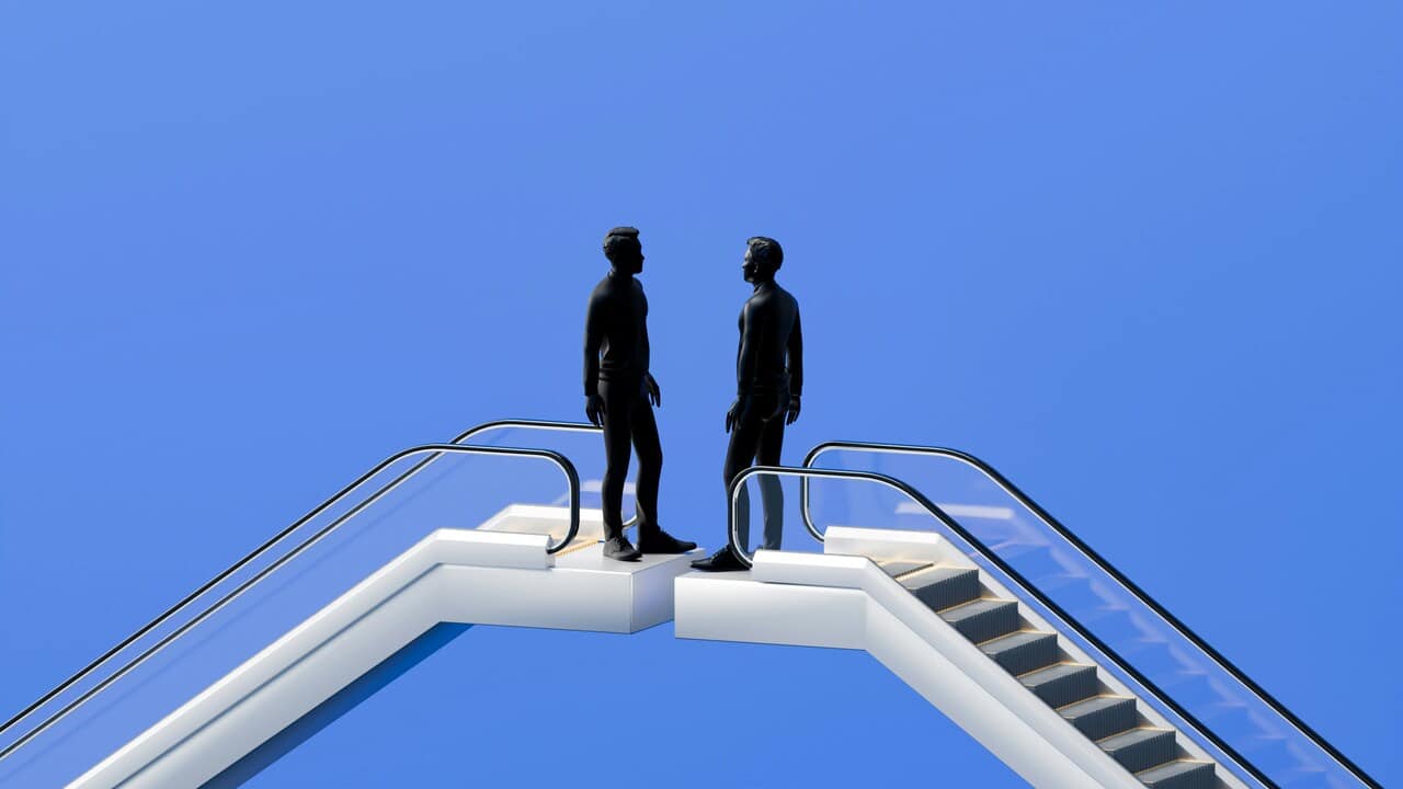 Two people facing off in at the top of an escalator.