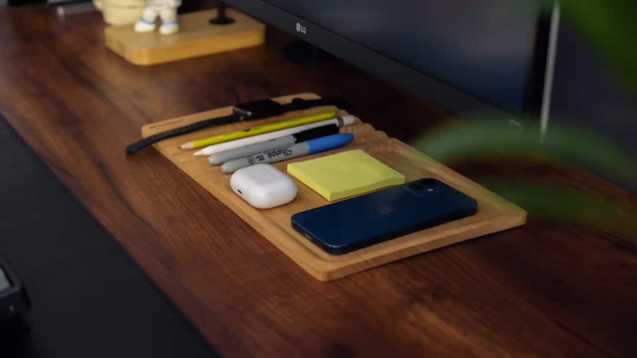 A phone that is turned upside down on the table.