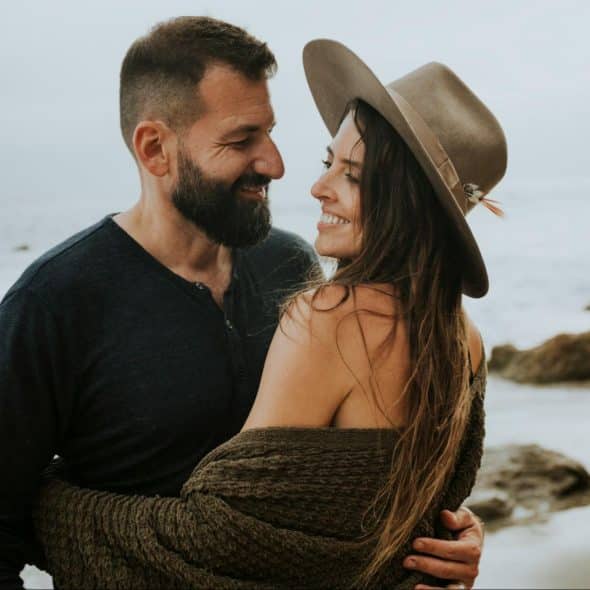 A man looking at woman.