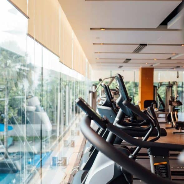 A row of cardio machines by a window overlooking a pool and palm trees.