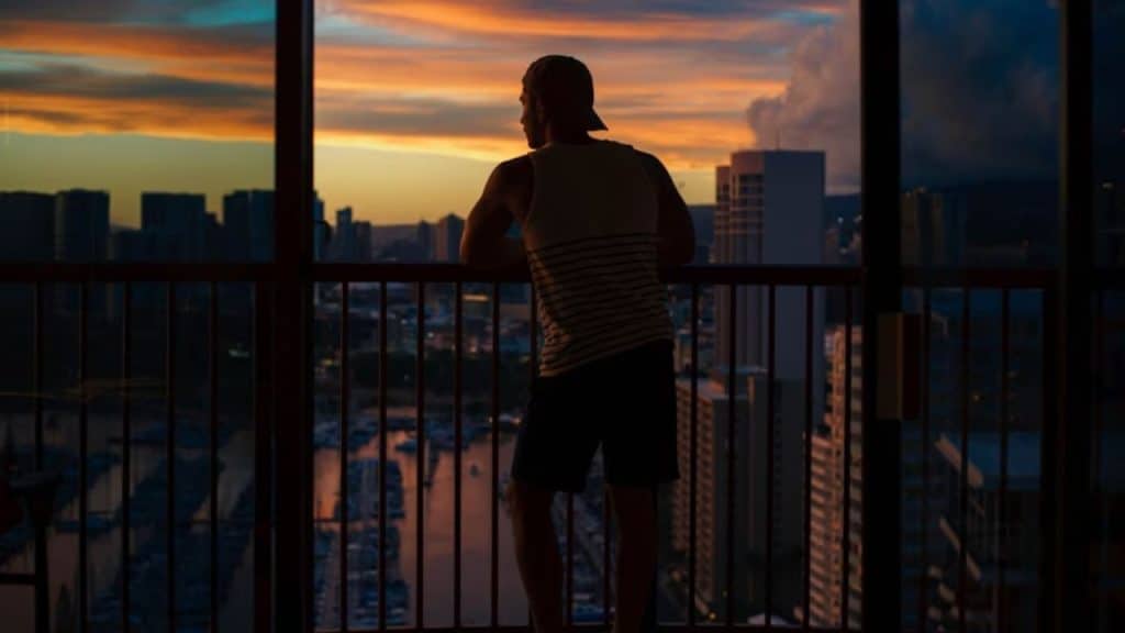Man taking a deep breath on a balcony at sunrise